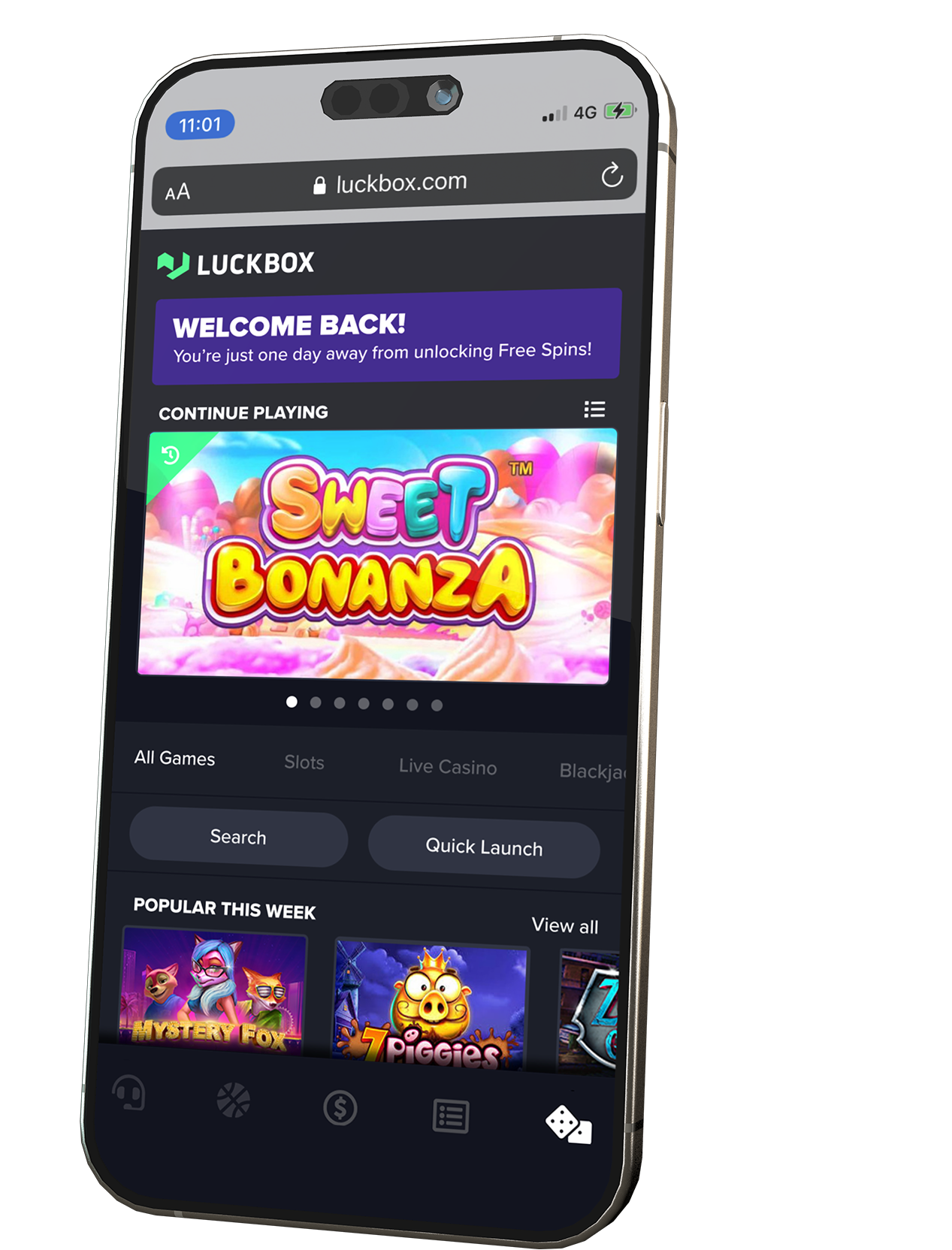 Mobile view of the Luckbox casino design